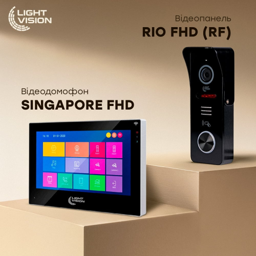 Комплект відеодомофона Light Vision: домофон 10" SINGAPORE (AI) FHD Black та відеопанель RIO FHD Black