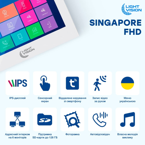 Комплект відеодомофона Light Vision: домофон 10" SINGAPORE (AI) FHD White та відеопанель RIO FHD Grey