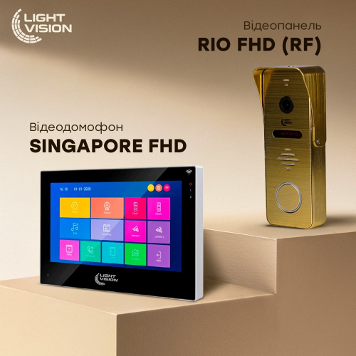 Комплект відеодомофона Light Vision: домофон 10" SINGAPORE (AI) FHD Black та відеопанель RIO FHD Gold