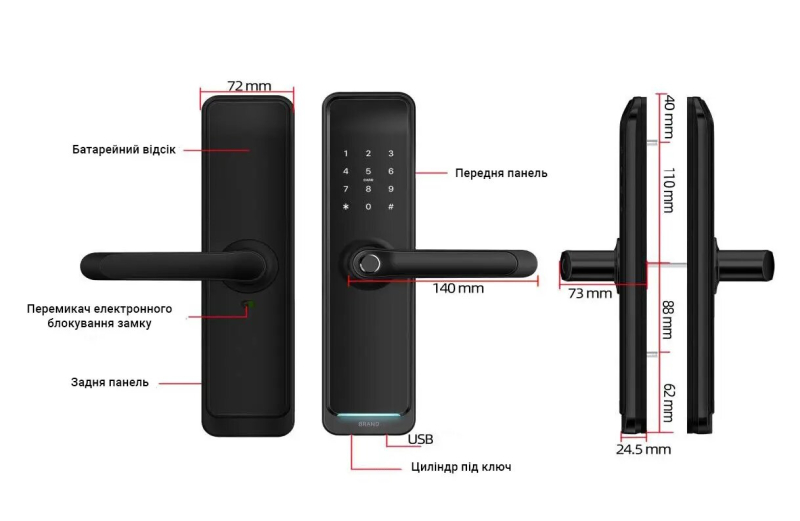 Розумний дверний біометричний замок SEVEN LOCK SL-7767BFW black (врізна частина 7068) - 2