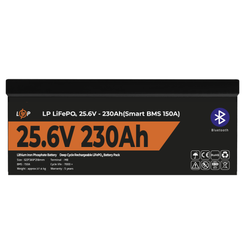 Акумулятор LP LiFePO4 25,6V - 230 Ah (5888Wh) (Smart BMS 150А) з BT пластик