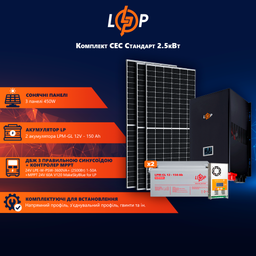 Сонячна електростанція (СЕС) 2.5kW АКБ 3.6kWh (гель) 150 Ah Стандарт