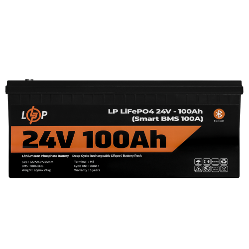 Акумулятор LP LiFePO4 24V (25,6V) - 100 Ah (2560Wh) (Smart BMS 100А) з BT пластик для ДБЖ