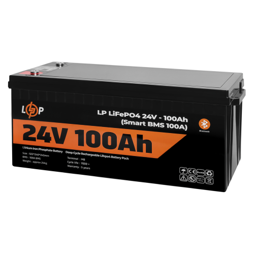 Акумулятор LP LiFePO4 24V (25,6V) - 100 Ah (2560Wh) (Smart BMS 100А) з BT пластик для ДБЖ