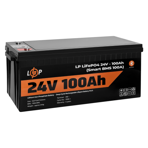 Акумулятор LP LiFePO4 24V (25,6V) - 100 Ah (2560Wh) (Smart BMS 100А) з BT пластик для ДБЖ