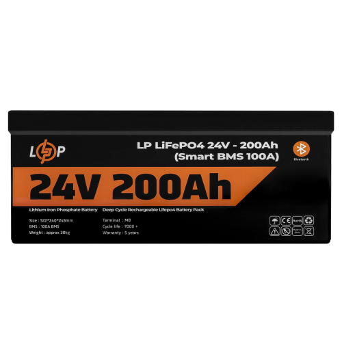 Акумулятор LP LiFePO4 24V (25,6V) - 200 Ah (5120Wh) (Smart BMS 100А) з BT пластик для ДБЖ