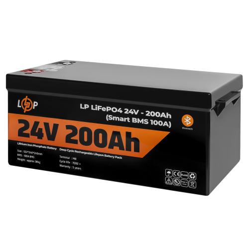 Акумулятор LP LiFePO4 24V (25,6V) - 200 Ah (5120Wh) (Smart BMS 100А) з BT пластик для ДБЖ