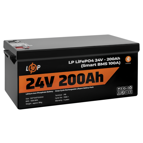 Акумулятор LP LiFePO4 24V (25,6V) - 200 Ah (5120Wh) (Smart BMS 100А) з BT пластик для ДБЖ