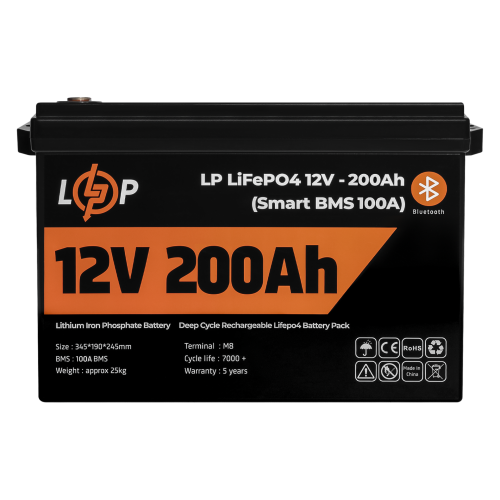 Акумулятор LP LiFePO4 12V (12,8V) - 200 Ah (2560Wh) (Smart BMS 100А) з BT пластик для ДБЖ