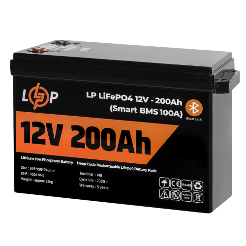Акумулятор LP LiFePO4 12V (12,8V) - 200 Ah (2560Wh) (Smart BMS 100А) з BT пластик для ДБЖ