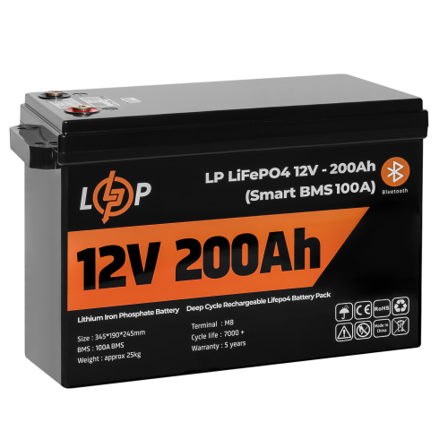 Акумулятор LP LiFePO4 12V (12,8V) - 200 Ah (2560Wh) (Smart BMS 100А) з BT пластик для ДБЖ