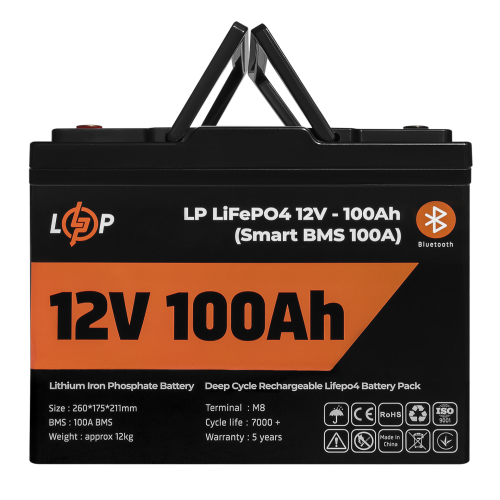 Акумулятор LP LiFePO4 12V (12,8V) - 100 Ah (1280Wh) (Smart BMS 100А) з BT пластик для ДБЖ