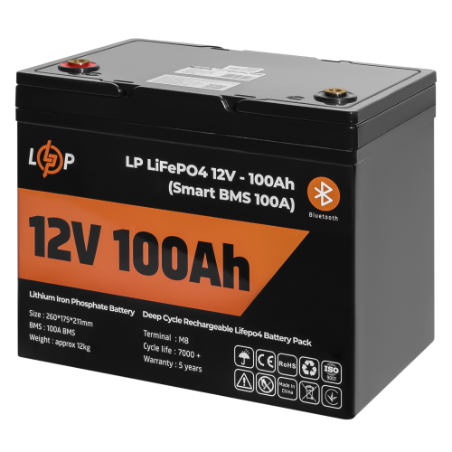 Акумулятор LP LiFePO4 12V (12,8V) - 100 Ah (1280Wh) (Smart BMS 100А) з BT пластик для ДБЖ