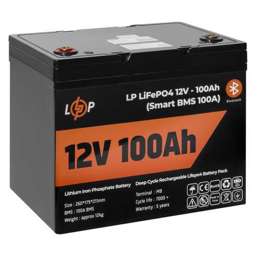 Акумулятор LP LiFePO4 12V (12,8V) - 100 Ah (1280Wh) (Smart BMS 100А) з BT пластик для ДБЖ