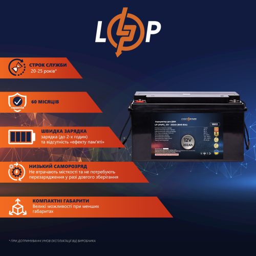 Акумулятор LP LiFePO4 12V (12,8V) - 202 Ah (2586Wh) (BMS 80A) пластик