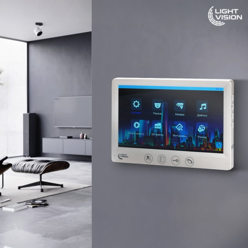 Комплект видеодомофона Light Vision с видеокамерой: домофон 7" AMSTERDAM FHD White, видеопанель 2Mp RIO FHD Grey, MHD-видеокамера 2Mp VLC-1192WFM Graphite
