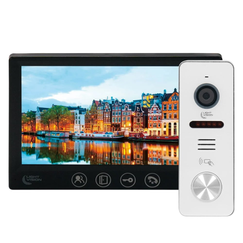 Комплект видеодомофона Light Vision с видеокамерой: домофон 7" AMSTERDAM FHD Black, видеопанель 2Mp RIO FHD (RF) White со считывателем Mifare, MHD-видеокамера 2Mp VLC-1192WFM Graphite