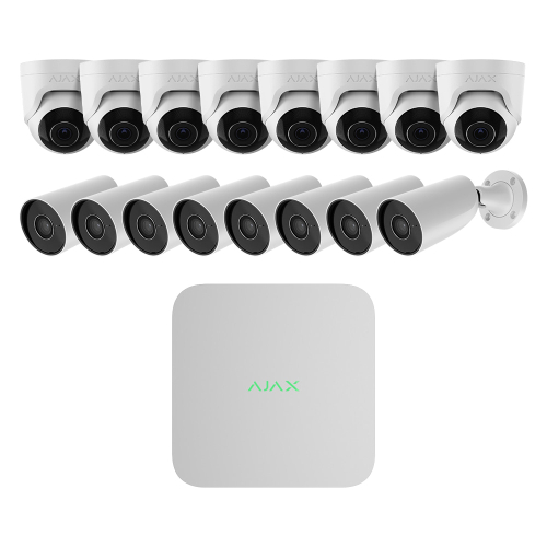 Комплект IP-видеонаблюдения на 16 камер Ajax IP-Video Kit 16x5Mp/2.8mm (BW/TW): 8 цилиндрических 5Mp видеокамер + 8 купольных 5Mp видеокамер + 16-канальный 8Mp видеорегистратор