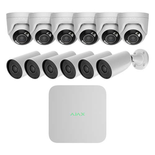 Комплект IP-видеонаблюдения на 12 камер Ajax IP-Video Kit 12x8Mp/2.8mm (BW/TW): 6 цилиндрических 8Mp видеокамер + 6 купольных 8Mp видеокамер + 16-канальный 8Mp видеорегистратор