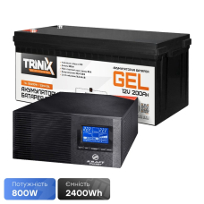 Комплект резервного питание 800W 2400Wh: инвертор з функцией ДБЖ Kraft KRF-AVR1000VA/800W-12V + аккумуляторная батарея Trinix TGL12V200Ah/20Hr GEL