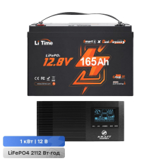 Комплект резервного питание 1000W 2112Wh: инвертор з функцией ДБЖ Kraft KRF-AVR1200VA/1KW-12V + аккумуляторная батарея LiFePO4 12.8V 165Ah з Bluetooth та подогревом LiTime Dual Purpose L12V165-150-DP-BT-CCA1K2-4-A100 стартерна / тяговая