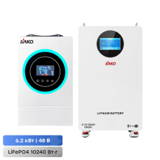 Комплект резервного живлення 6.2kW 10.24kWh: гібридний інвертор Sako SUNON V 6.5KVA/6200W/48V+120A MPPT і акумуляторна батарея 51.2V 200Ah Sako Li-Sun series SK-51.2V200Ah
