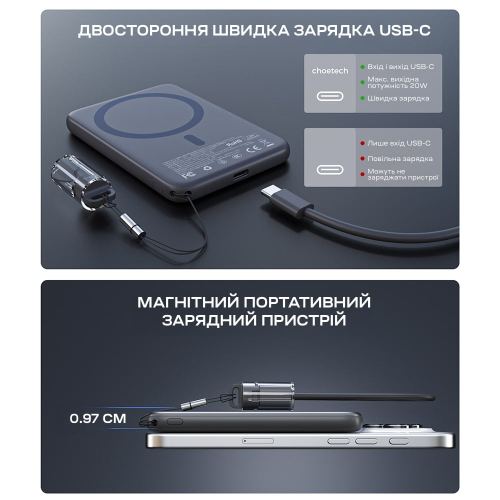 Повербанк 5000mAh Choetech B861 Grey 20W QC3.0 PD3.0 бездротова магнітна зарядка MagSafe