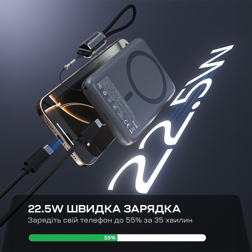 Повербанк 10000mAh Choetech B862 Grey 22.5W QC3.0 PD3.0 бездротова магнітна зарядка MagSafe