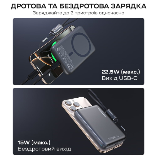 Повербанк 10000mAh Choetech B862 Grey 22.5W QC3.0 PD3.0 бездротова магнітна зарядка MagSafe