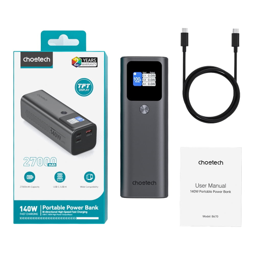 Повербанк 27000mAh Choetech B670 Grey 140W QC3.0 PD3.1 TFT Smart дисплей