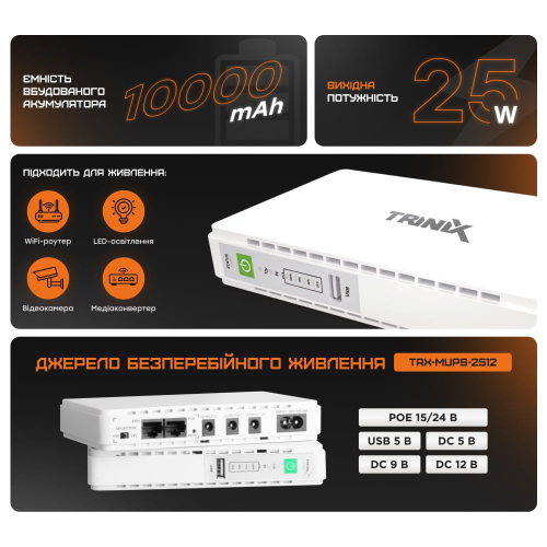 Источник бесперебойного питания DC UPS Trinix TRX-MUPS-2512 (10000mAh) 5V/9V/12V/15V/24V/PoE, Li-ion 4*2.5Ah, для роутера и медиаконвертера
