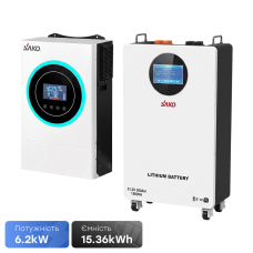 Комплект резервного питание 6.2kW 15.36kWh: гибридный инвертор Sako SUNON V 6.5KVA/6200W/48V+120A MPPT и аккумуляторная батарея 51.2V 300Ah Sako Li-Sun series SK-51.2V300Ah