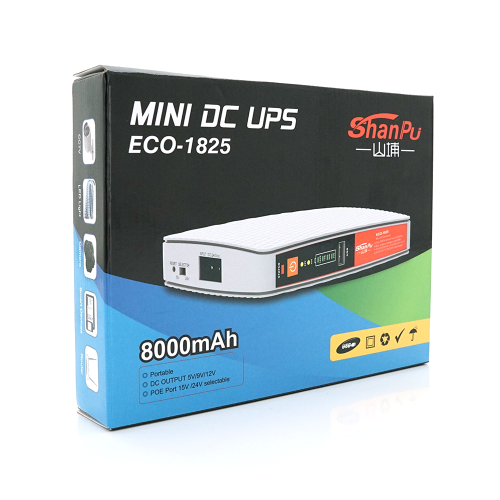 UPS для роутерів/комутаторів ECO-1825, 18W, OUT:USB-5V, DC-5V/9/12V, POE-15/24V, 1/2A, LiFePo4 8000mAh, 160x105x33mm, 0.4kg, Black, BOX